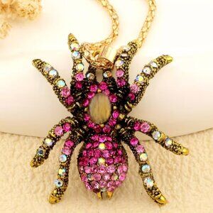 Vintage inspired Pink Crystal Spider Fashion Pendant Necklace